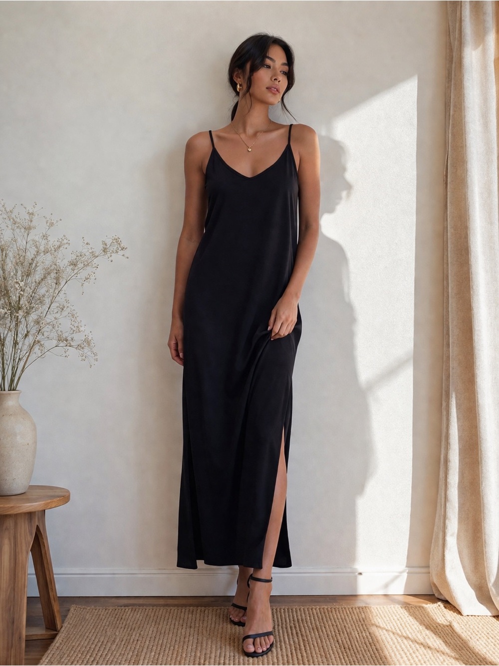 Like new Katherine Barclay (Montreal) Elegant Black Spaghetti Strap Slip Dress